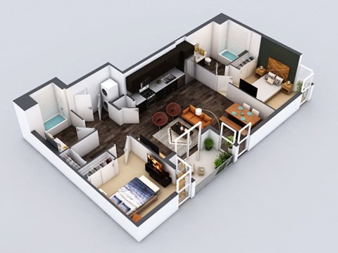 Floor plan for 2 beds, 2 baths, 1027 sqft